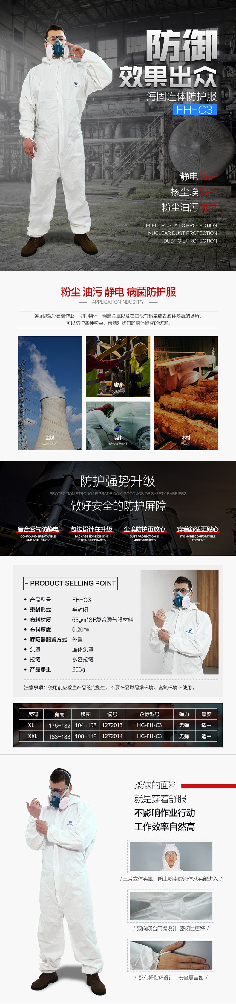 海固FH-C3優(yōu)越連體防護(hù)服 連體防粉塵、油污、靜電、病菌防護(hù)服圖片1