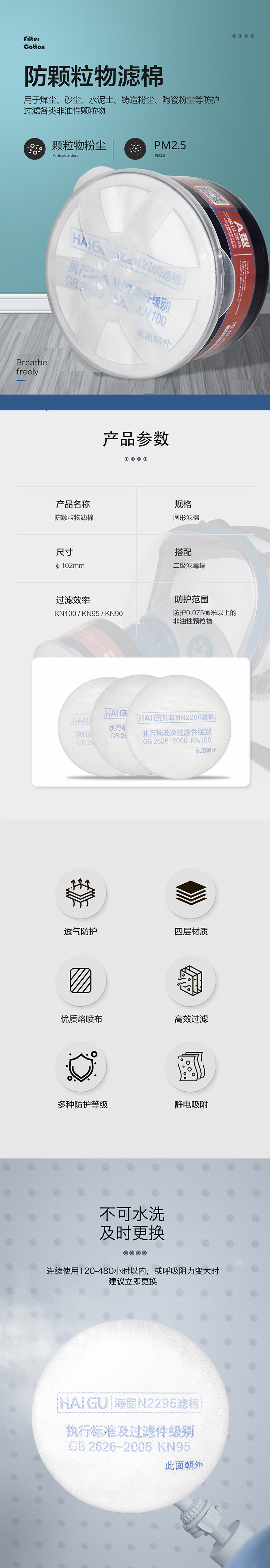 海固N(yùn)2290 2系列KN90非油性顆粒物濾棉 產(chǎn)品名稱：防顆粒物濾棉，用于煤塵、砂塵、水泥土、鑄造粉塵、陶瓷粉塵等防護(hù)過濾各類非油性顆粒物。 規(guī)格：圓形濾棉 尺寸：102mm 搭配：二級濾毒罐 過濾效率：KN90 防護(hù)范圍：防護(hù)0.075微米以上的非油性顆粒物圖片