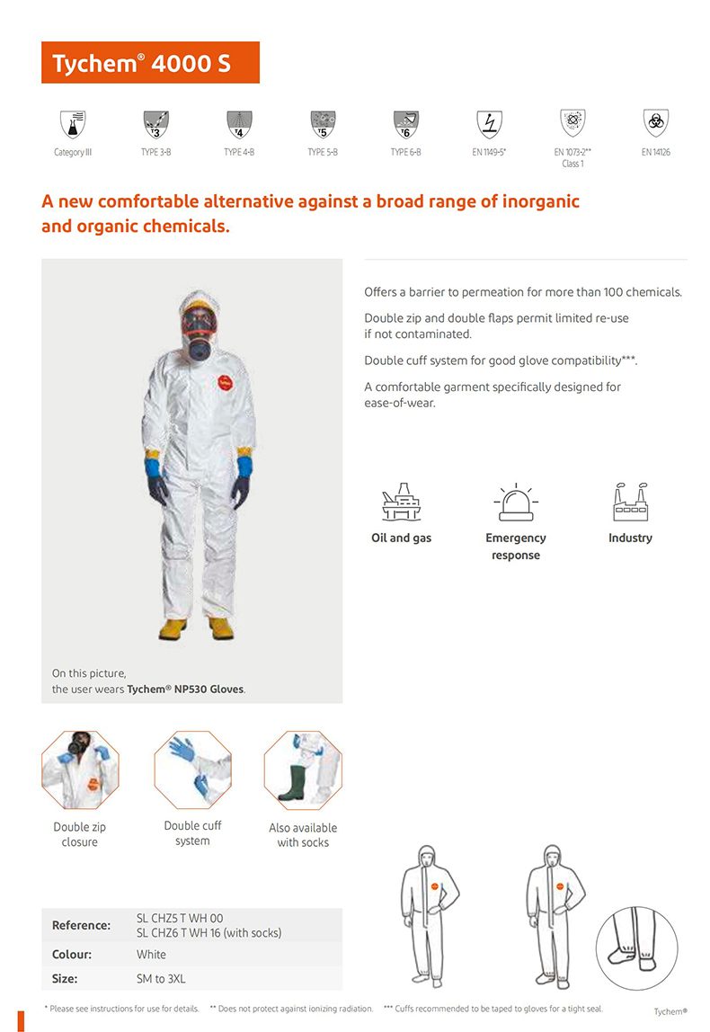 杜邦Tychem4000S帶帽連體防護(hù)服C級防化服SLCHZ5TWH00圖片1