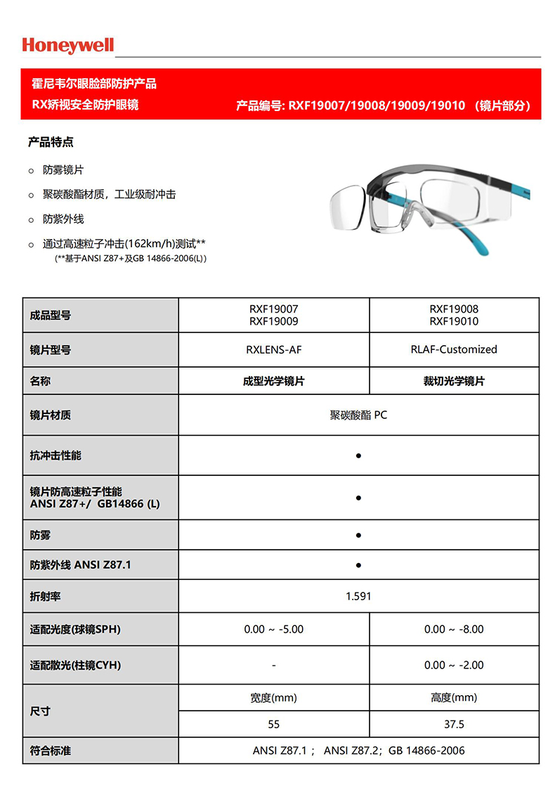 Honeywell霍尼韋爾RXF19008 RX200G防霧防沖擊靜謐藍(lán)矯視安全防護眼鏡 進階款2