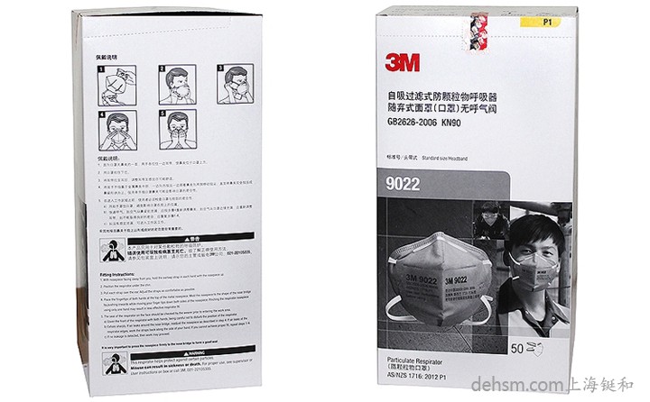 3M9022口罩50只/盒，包裝盒正反面圖