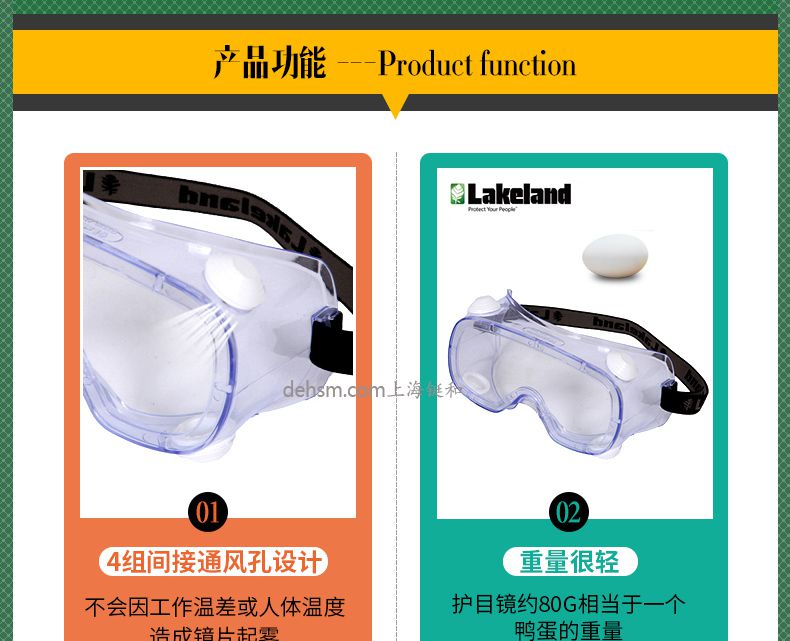 雷克蘭G1510護(hù)目鏡4組間通風(fēng)口設(shè)計(jì)，重量輕約80克